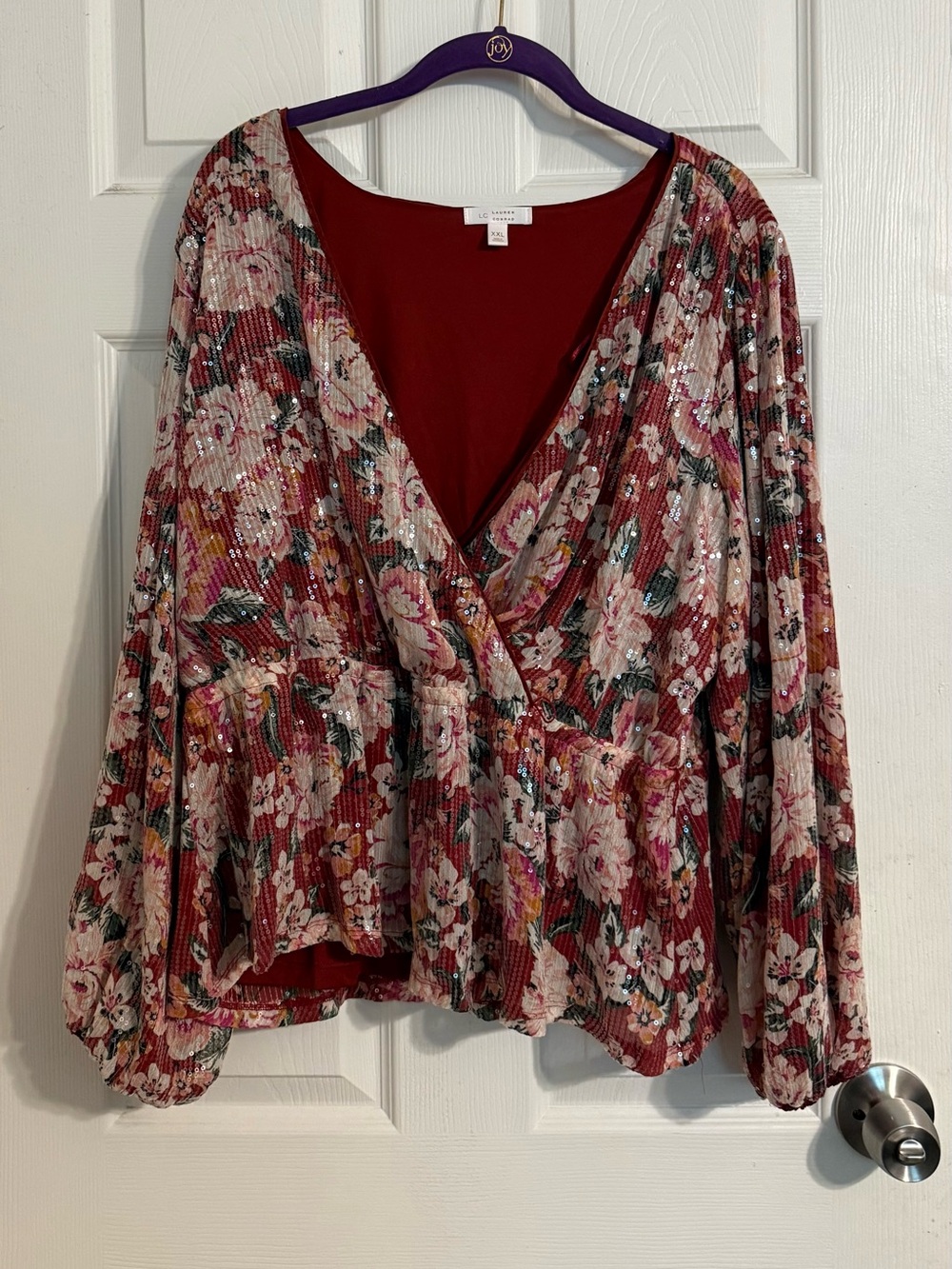 LC Lauren Conrad Red Floral Sequin Wrap Blouse